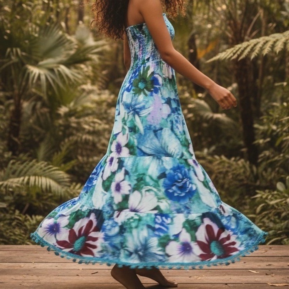 Tunique Maxi Dress Womens M Blue Floral Excellent Smocked Tassel Boho Strapless